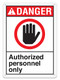 Drawing of red, white, and black danger authorized personnel only sign with graphic.