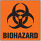 Image of Biohazard Label: biohazard symbol and word in black on orange background.