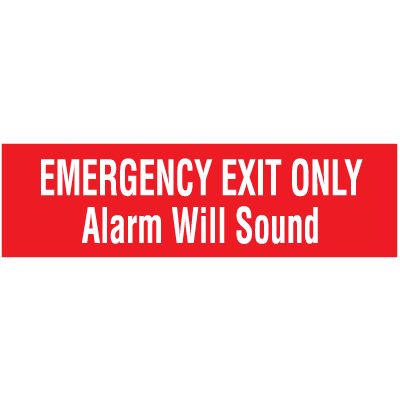 Photograph of red emergency exit only, alarm will sound adhesive sign.