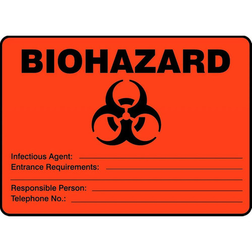 An image of a bright orange sign with black lettering.  The word "BIOHAZARD" is at the top above the  biohazard symbol.  There are fill in spaces for infection agent, entrance requirements, responsible person, and telephone number below the biohazard symbol.