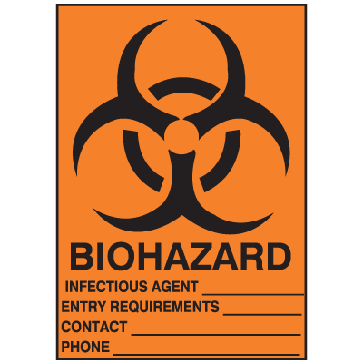 Drawing of orange biohazard sign with fill-in blanks.