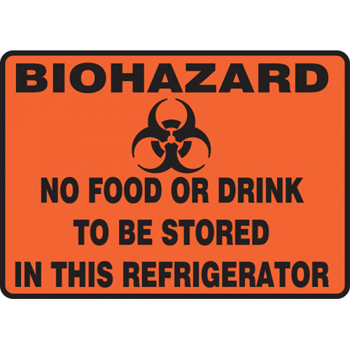 Drawing of orange biohazard sign with symbol and text reading "no food or drink to be stored in this refrigerator".
