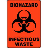 An image of a bright orange sign with black lettering.  A large biohazard symbol is centered between the "BIOHAZARD" header and "INFECTIOUS WASTE" footer 