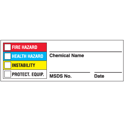 Drawing of Right To Know chemical name labels with colored bars.