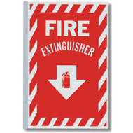 Picture of the Fire Extinguisher 90° aluminum wall sign, 2-sided w/ icon, 8"w x 12"h.