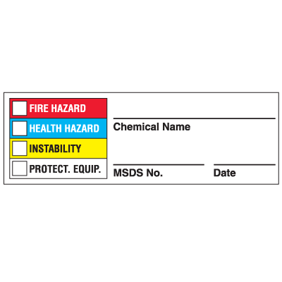 Drawing of Right To Know chemical name label with MSDS number entry and colored boxes.