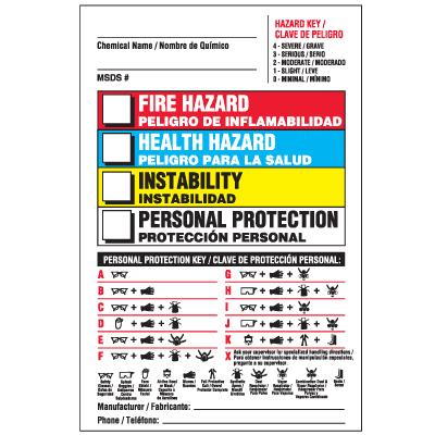Drawing of 01837  bilingual Right To Know label with colored boxes and hazard and personal protection keys.
