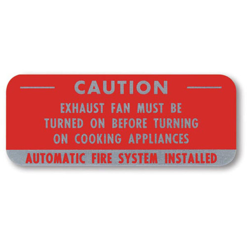 Picture of the Aluminum caution sign for cooking system fire control systems, 5"w x 2"h.