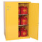 Photograph of front of flammable liquid safety cabinet with one door open.