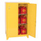 Photograph of front of flammable liquid safety cabinet with one door open.