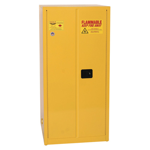 Photograph of front of closed flammable liquid safety cabinet.