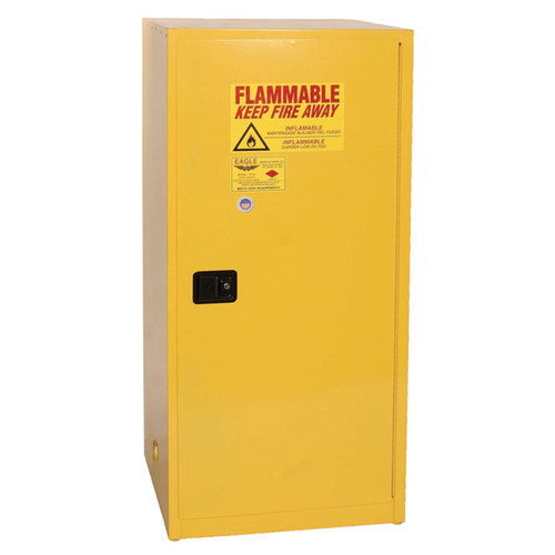 Photograph of front of closed flammable liquid safety cabinet.