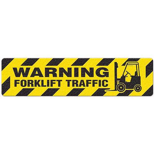 Photograph of an anti-slip floor safety sign reading "Warning Forklift  Traffic" in black on a yellow background.  Includes a graphic of a black forklift.