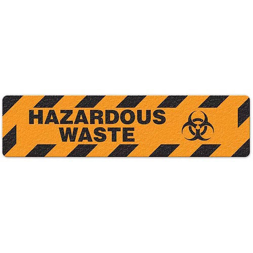 Photograph of an anti-slip floor safety sign reading "Hazardous Waste" in black on an orange background.  Includes a graphic of a black biohazard symbol.