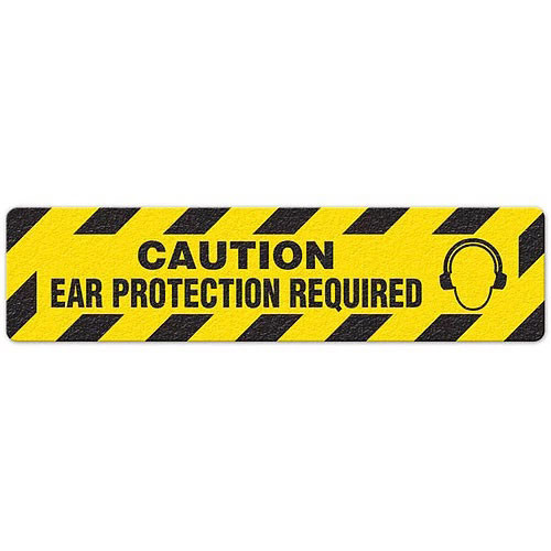 Photograph of an anti-slip floor safety sign reading "Caution Ear Protection Required" in black on a yellow background.  Includes a graphic of a head wearing ear muffs.