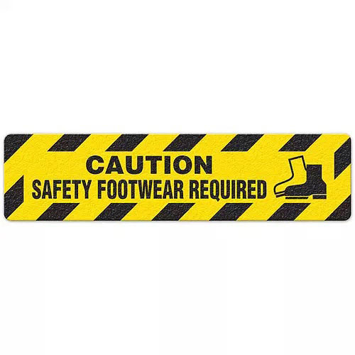 Photograph of an anti-slip floor safety sign reading "Caution Safety Footwear required" in black on a yellow background.  Includes a graphic of a a yellow and black boot.