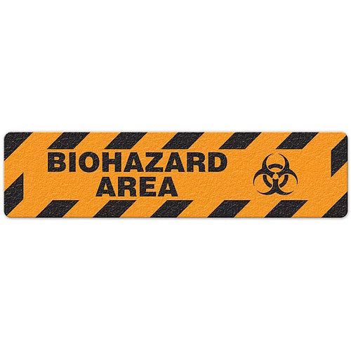 Photograph of an anti-slip floor safety sign reading "Biohazard Area" in black on an orange background.  Includes a graphic of a black biohazard symbol.