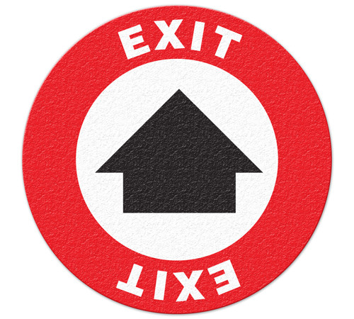 Drawing of red, black, and white exit safety floor marker with arrow.