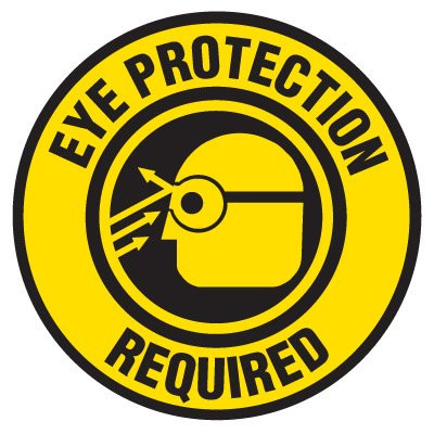 Drawing of yellow and black eye protection required safety floor marker with eye glass graphic.