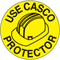 Drawing of yellow and black hard hat area anti-slip floor marker reading use cask protector.