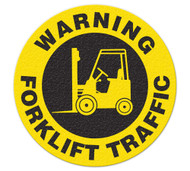 A photograph of a 05214 anti-slip safety floor marker, warning forklift traffic.