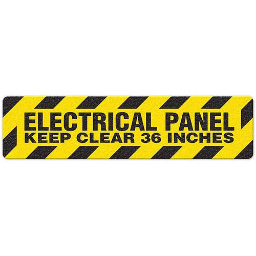 Photograph of an anti-slip floor safety sign reading "Electrical Panel Keep Clear 36 Inches" in black on a yellow background. 