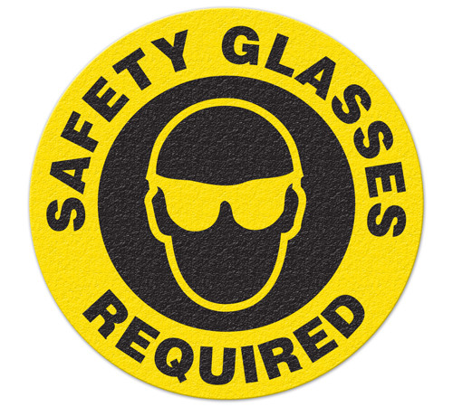 A photograph of a 05231 anti-slip safety floor markers, reading safety glasses required with graphic.