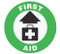 A photograph of a 05232 anti-slip safety floor markers, reading first aid with graphic.