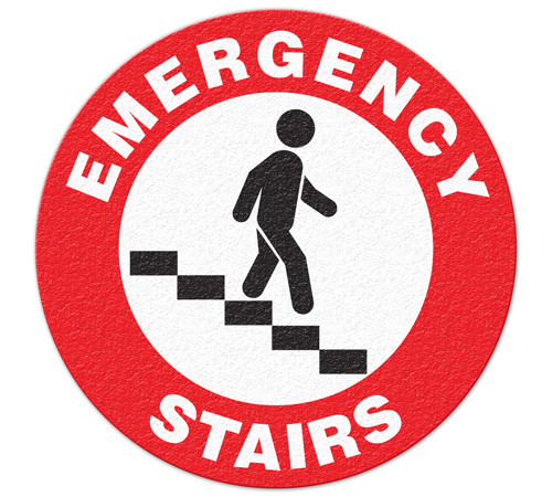 A red and white photograph of a 05234 anti-slip safety floor markers, reading emergency stairs with graphic.