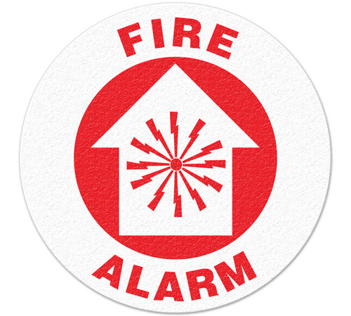 A red and white photograph of a 05235 anti-slip safety floor markers, reading fire alarm with graphic.