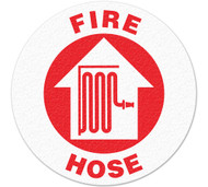 A red and white photograph of a 05236 anti-slip safety floor markers, reading fire hose with graphic.