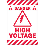 An image of a Slip=Gard Border Floor Sign.  This sign has the High Voltage symbol surrounded by the words DANGER HIGH VOLTAGE in red on a white background.  Red and white striped edges draw attention to the sign 