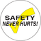 A yellow and white photograph of a 05212 anti-slip safety floor marker, reading safety never hurts with graphic.