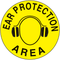 A yellow and black photograph of a 05218 anti-slip safety floor markers, reading ear protection area with graphic.