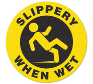 A yellow and black photograph of a 05222 anti-slip safety floor markers, reading slippery when wet with graphic.