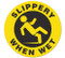 A yellow and black photograph of a 05222 anti-slip safety floor markers, reading slippery when wet with graphic.