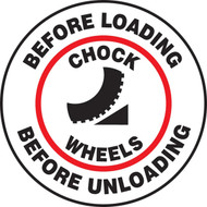 An image of a Pavement Print™ Floor Sign.  This  white sign has "BEFORE LOADING, BEFORE UNLOADING" in black lettering around the circumference of the sign. "CHOCK WHEELS" in black lettering surrounds a chocking graphic within a red circle in the center of the sign.
