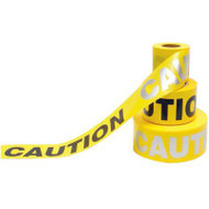 A yellow and black photograph of a 05350 day/night barricade tape, reading caution.