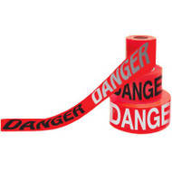 A red and black photograph of a 05351 day/night barricade tape, reading danger.