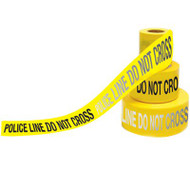 A yellow and black photograph of a 05353 day/night barricade tape, reading police line do not cross.