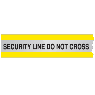 A yellow and silver photograph of a 05365 reflective barricade tape, reading security line do not cross.