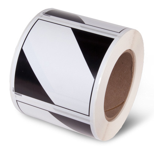 A roll of 500 diamond-shaped labels with black bars at the top and bottom and white center bar.