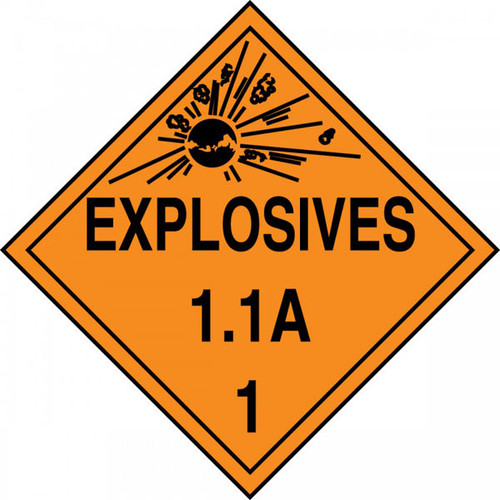 An orange and black photograph of a 03080 dot explosives placards, reading explosives 1.1A 1 with graphic.