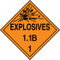 An orange and black photograph of a 03080 dot explosives placards, reading explosives 1.1B 1 with graphic.