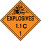 An orange and black photograph of a 03080 dot explosives placards, reading explosives 1.1C 1 with graphic.