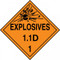An orange and black photograph of a 03080 dot explosives placards, reading explosives 1.1D 1 with graphic.