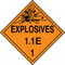 An orange and black photograph of a 03080 dot explosives placards, reading explosives 1.1E 1 with graphic.