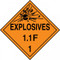 An orange and black photograph of a 03080 dot explosives placards, reading explosives 1.1F 1 with graphic.