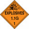 An orange and black photograph of a 03080 dot explosives placards, reading explosives 1.1G 1 with graphic.