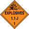 An orange and black photograph of a 03080 dot explosives placards, reading explosives 1.1J 1 with graphic.